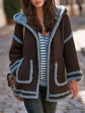 Resort-style Long-sleeved Colorblock Hooded Cardigan
