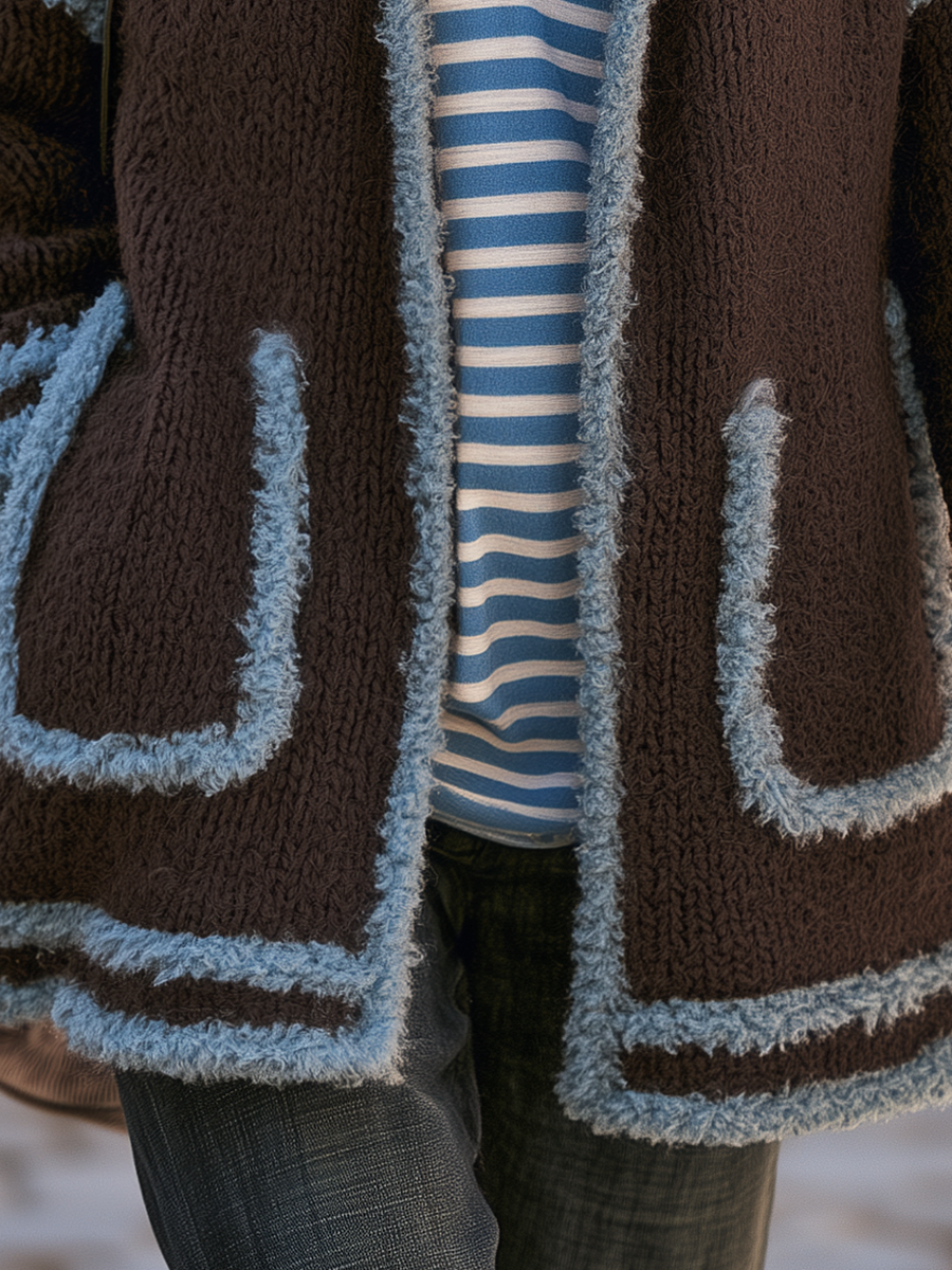 Resort-style Long-sleeved Colorblock Hooded Cardigan