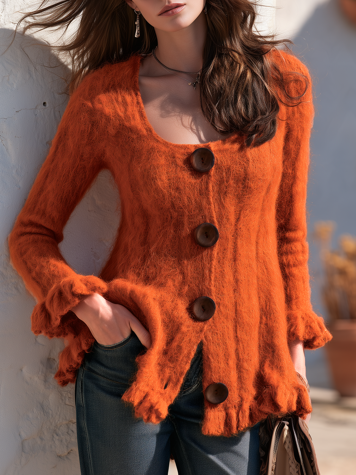 Elegant Retro Square Neck Knit Cardigan