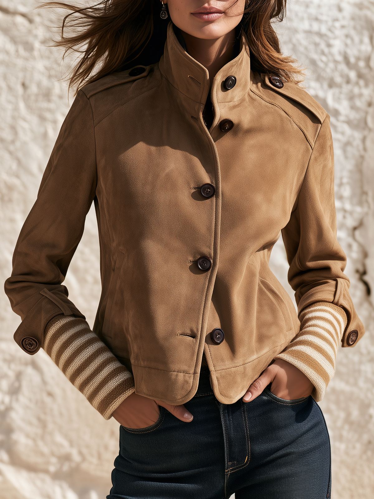 Retro Stand Collar Striped Ribbed Cuff Faux Suede Jacket