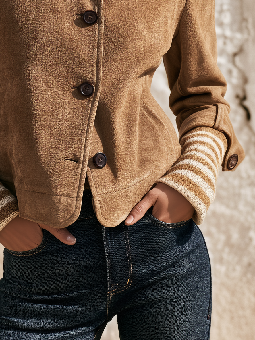 Retro Stand Collar Striped Ribbed Cuff Faux Suede Jacket