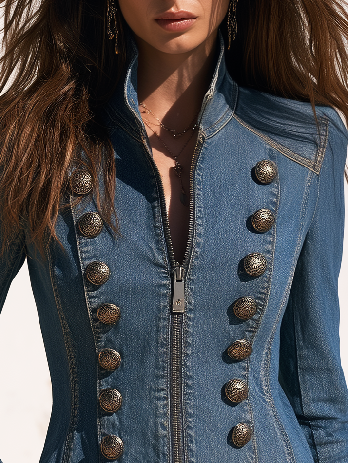 Retro Stand Collar Double-breasted Decorative Buttons Denim Jacket