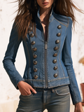 Retro Stand Collar Double-breasted Decorative Buttons Denim Jacket