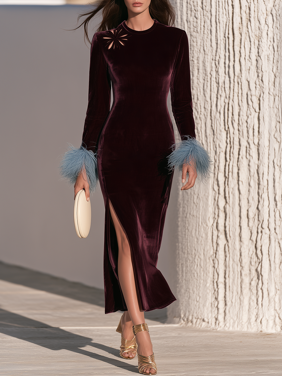 Elegant Faux Fur Cuffs Shoulder Floral Cutout Burgundy Velvet Maxi Dress
