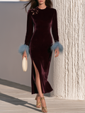 Elegant Faux Fur Cuffs Shoulder Floral Cutout Burgundy Velvet Maxi Dress