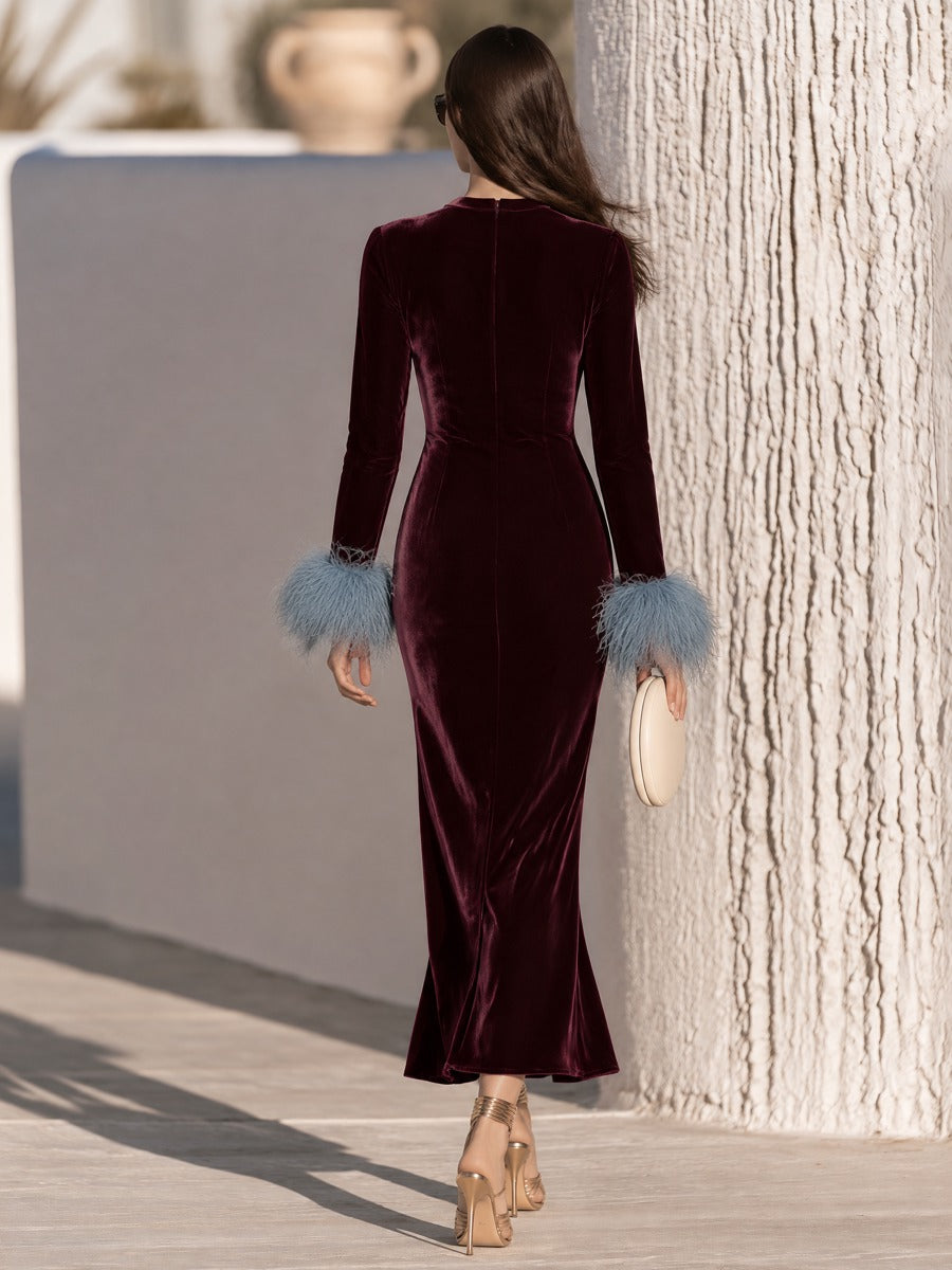 Elegant Faux Fur Cuffs Shoulder Floral Cutout Burgundy Velvet Maxi Dress