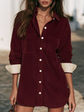 Rustic Nomadic Burgundy Corduroy Collared Shirt Mini Dress