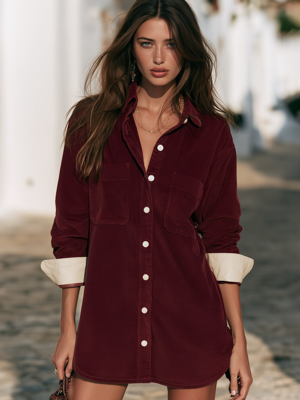 Rustic Nomadic Burgundy Corduroy Collared Shirt Mini Dress