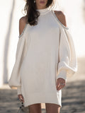 Coastal Luxe Riviera Cream Rhinestone Trim Cold Shoulder Knit Mini Dress
