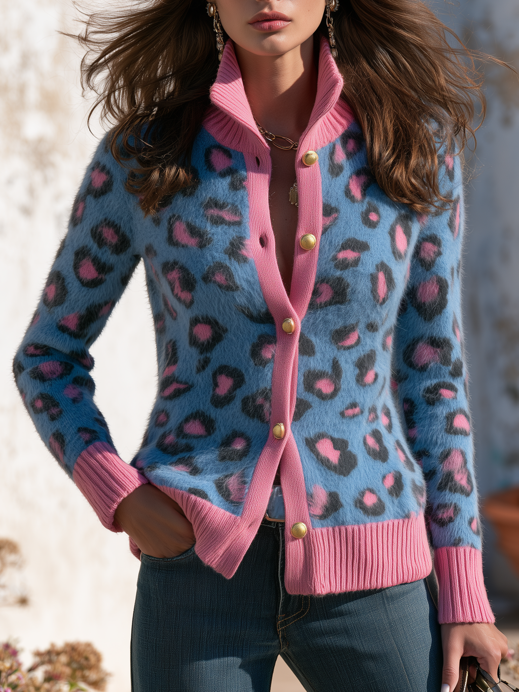 Retro Stand-up Collar Color-blocked Leopard Print Knit Cardigan