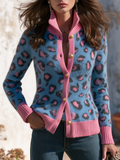 Retro Stand-up Collar Color-blocked Leopard Print Knit Cardigan