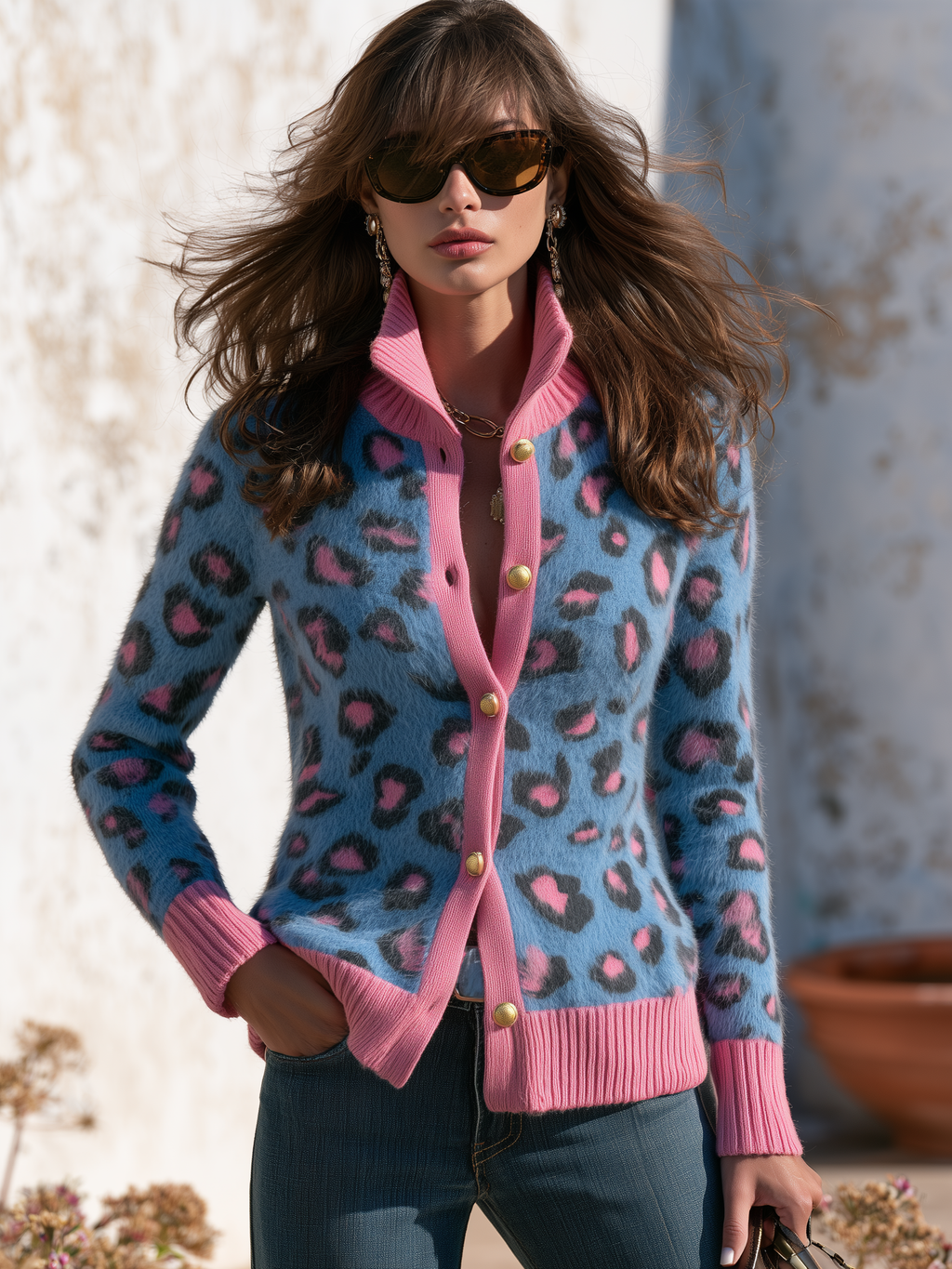 Retro Stand-up Collar Color-blocked Leopard Print Knit Cardigan