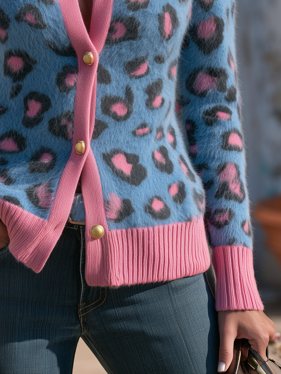 Retro Stand-up Collar Color-blocked Leopard Print Knit Cardigan