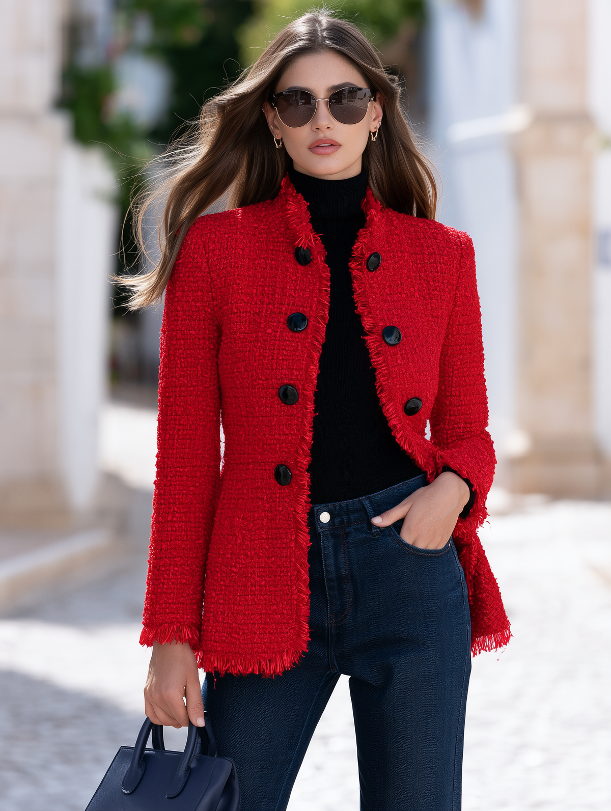 Fringe Trim Red Tweed Stand Collar Jacket