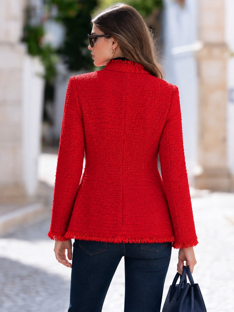 Fringe Trim Red Tweed Stand Collar Jacket