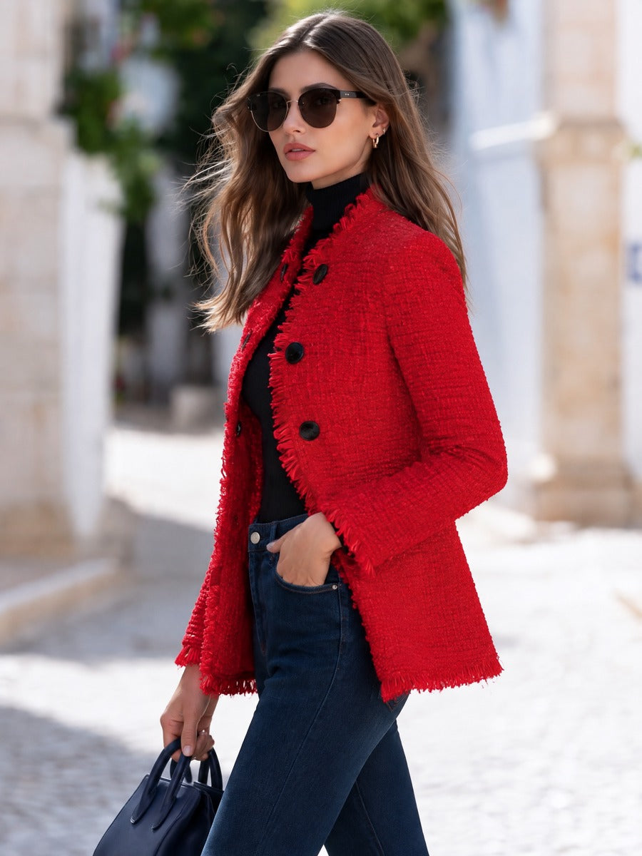 Fringe Trim Red Tweed Stand Collar Jacket