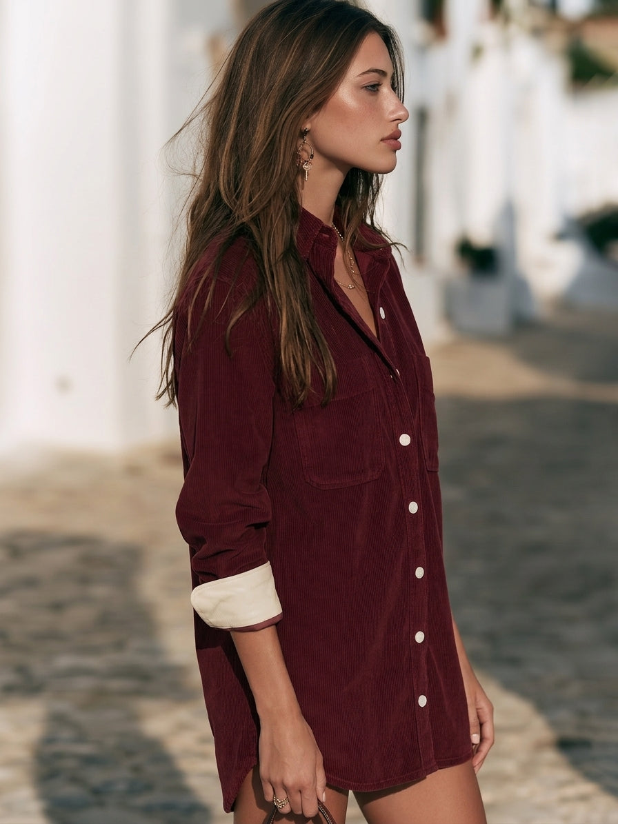 Rustic Nomadic Burgundy Corduroy Collared Shirt Mini Dress