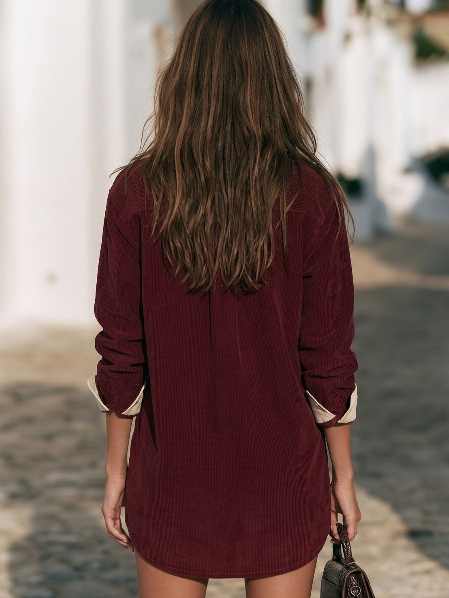 Rustic Nomadic Burgundy Corduroy Collared Shirt Mini Dress