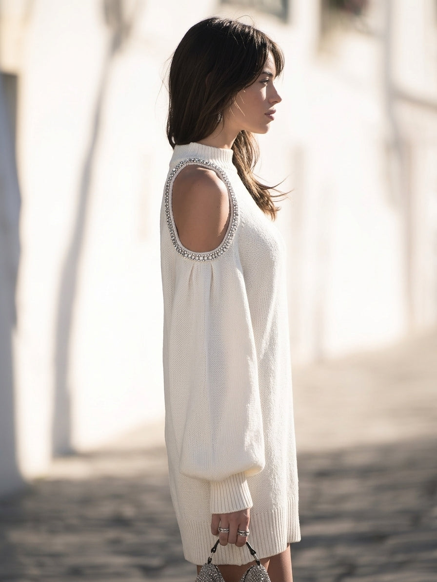 Coastal Luxe Riviera Cream Rhinestone Trim Cold Shoulder Knit Mini Dress