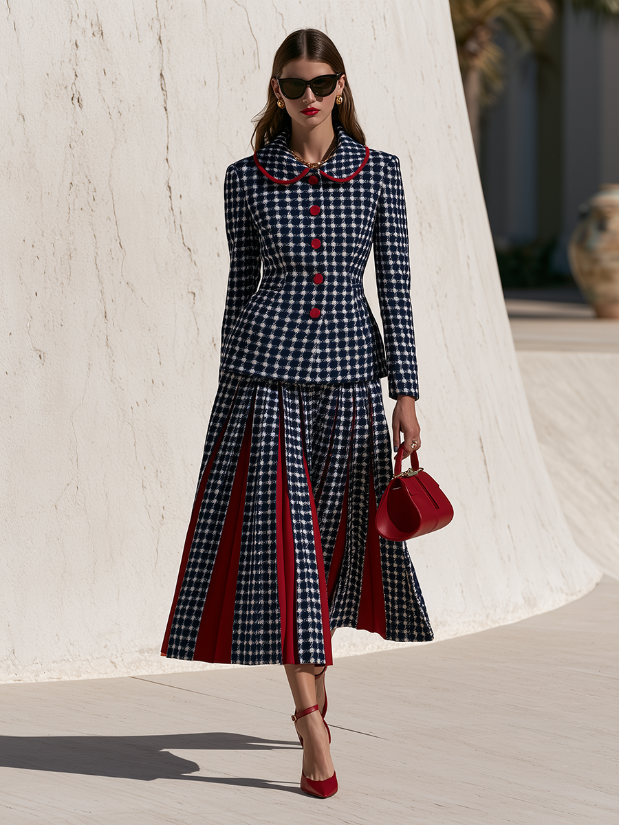 Vintage Peter Pan Collar Jacket And A Mid-length Pleated Skirt Tweed Set