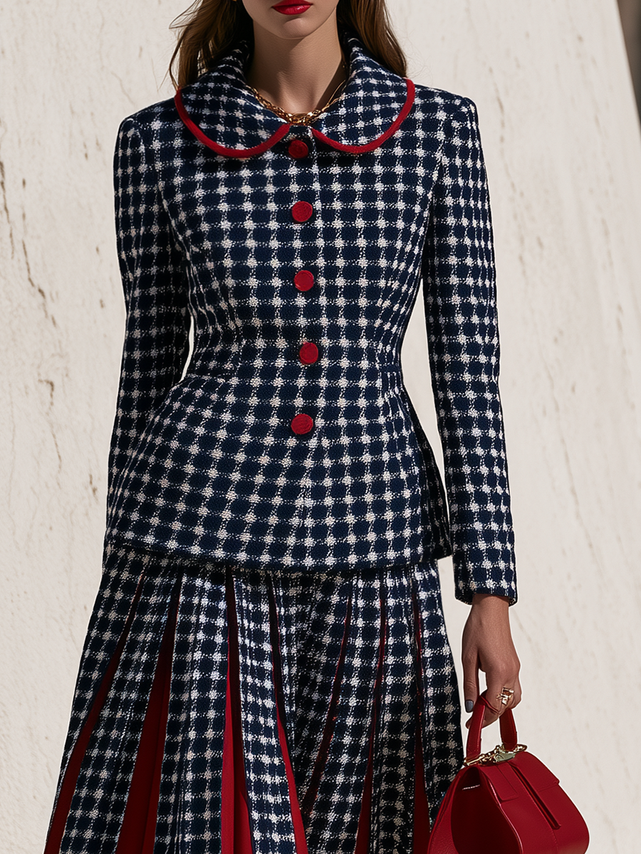 Vintage Peter Pan Collar Jacket And A Mid-length Pleated Skirt Tweed Set