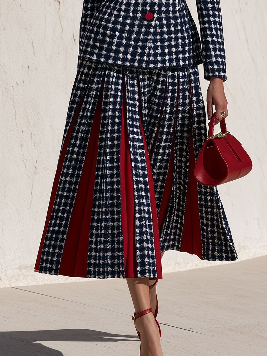 Vintage Peter Pan Collar Jacket And A Mid-length Pleated Skirt Tweed Set