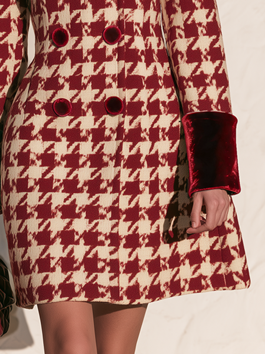 Vintage Double-Breasted Velvet Cuffs Red Houndstooth Coat