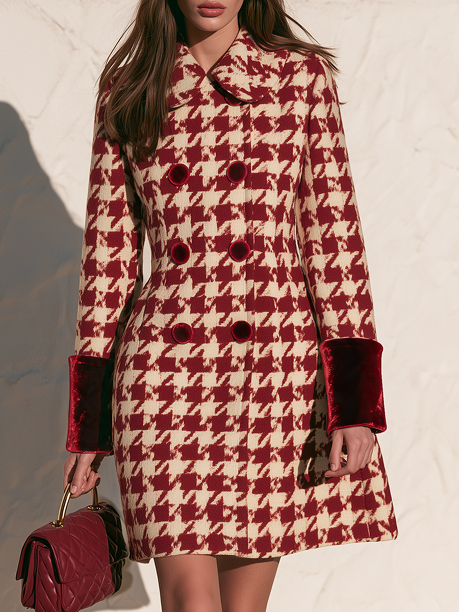 Vintage Double-Breasted Velvet Cuffs Red Houndstooth Coat