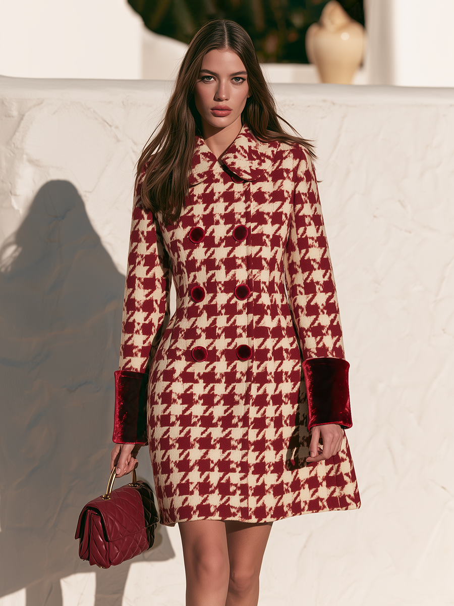 Vintage Double-Breasted Velvet Cuffs Red Houndstooth Coat
