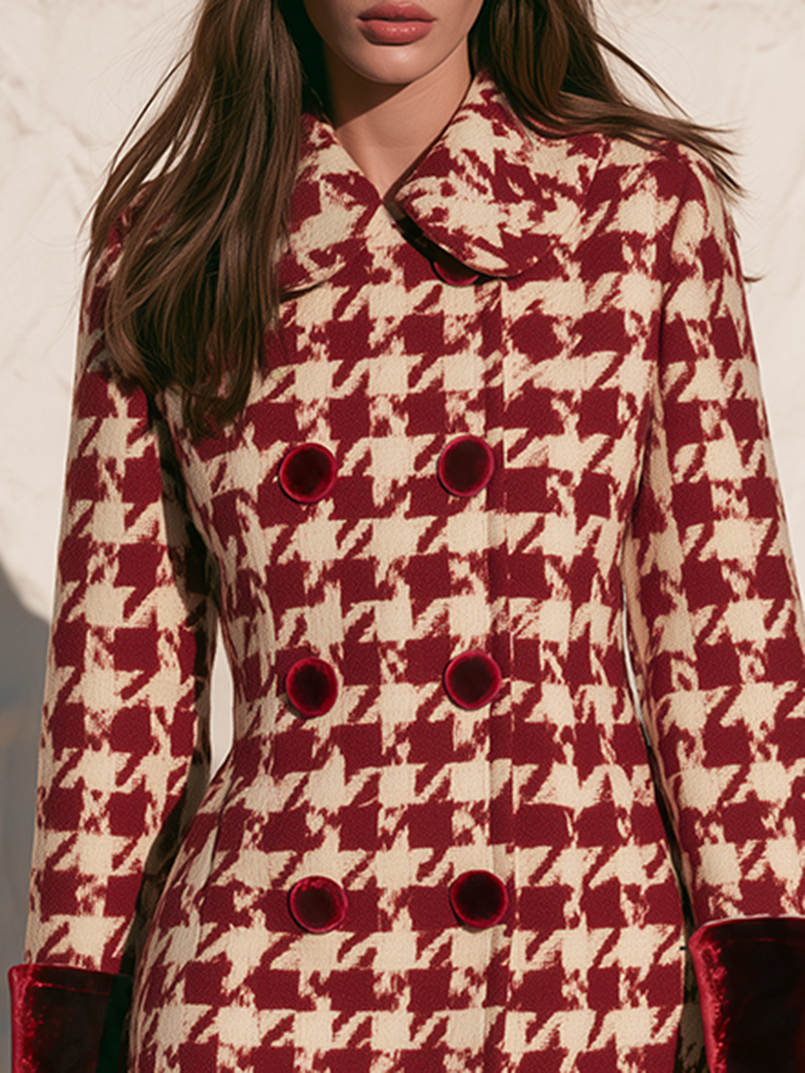 Vintage Double-Breasted Velvet Cuffs Red Houndstooth Coat