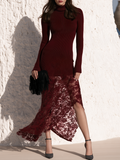 Elegant High-Neck Asymmetrical Lace Hem Burgundy Knitted Maxi Dress