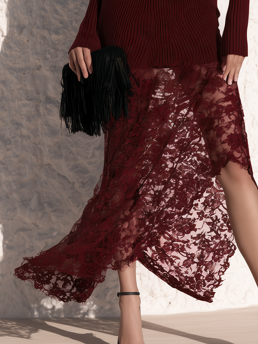 Elegant High-Neck Asymmetrical Lace Hem Burgundy Knitted Maxi Dress