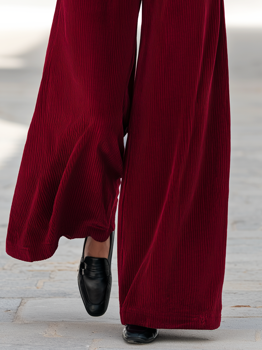 Casual Minimalist Solid Color Ribbed Velvet Wide-leg Flared Pants