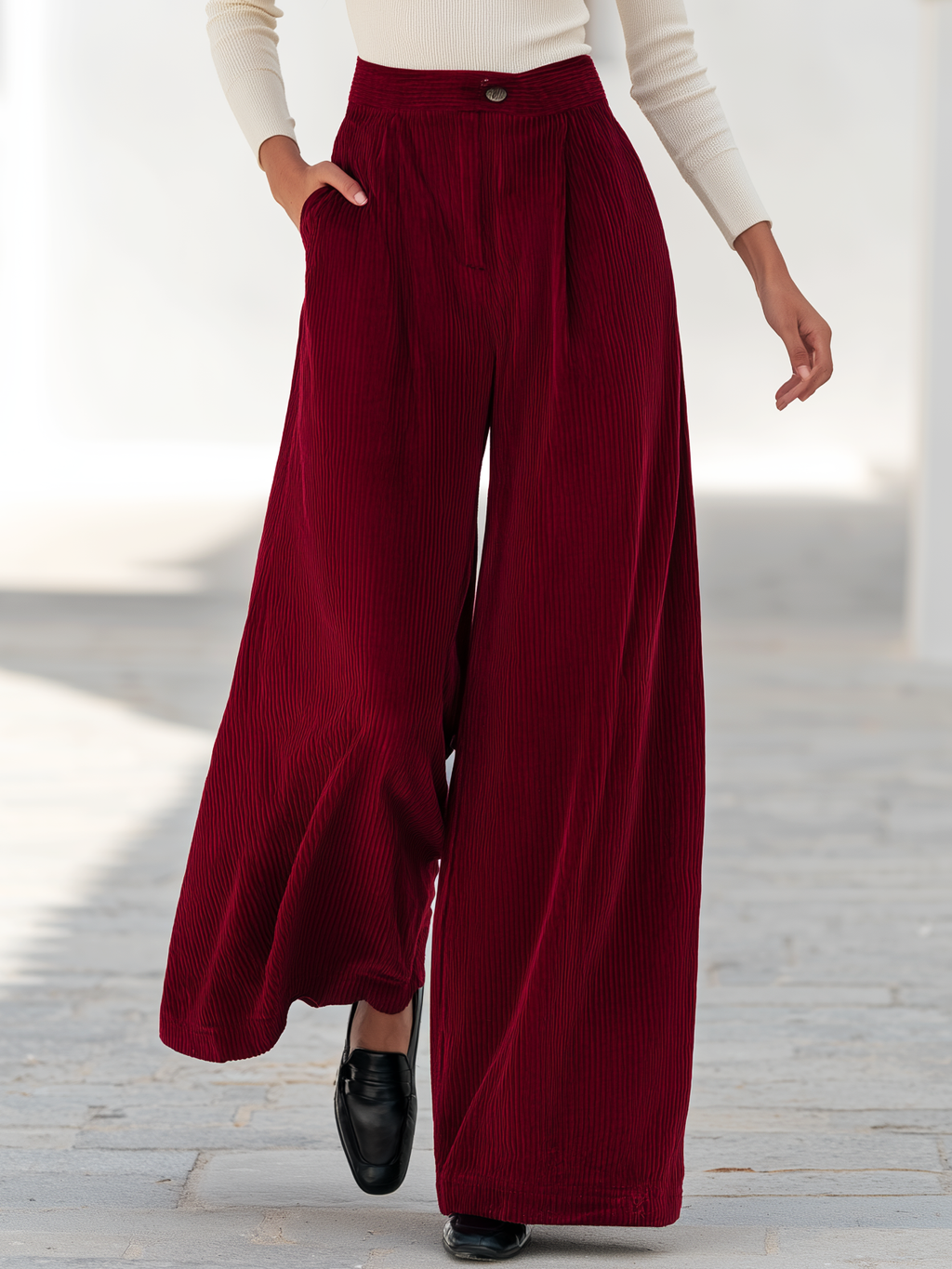 Casual Minimalist Solid Color Ribbed Velvet Wide-leg Flared Pants