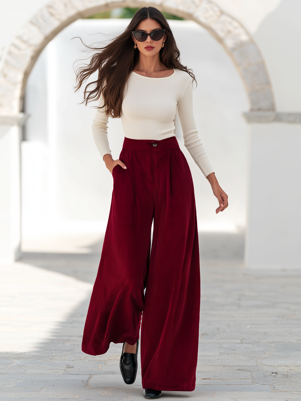 Casual Minimalist Solid Color Ribbed Velvet Wide-leg Flared Pants