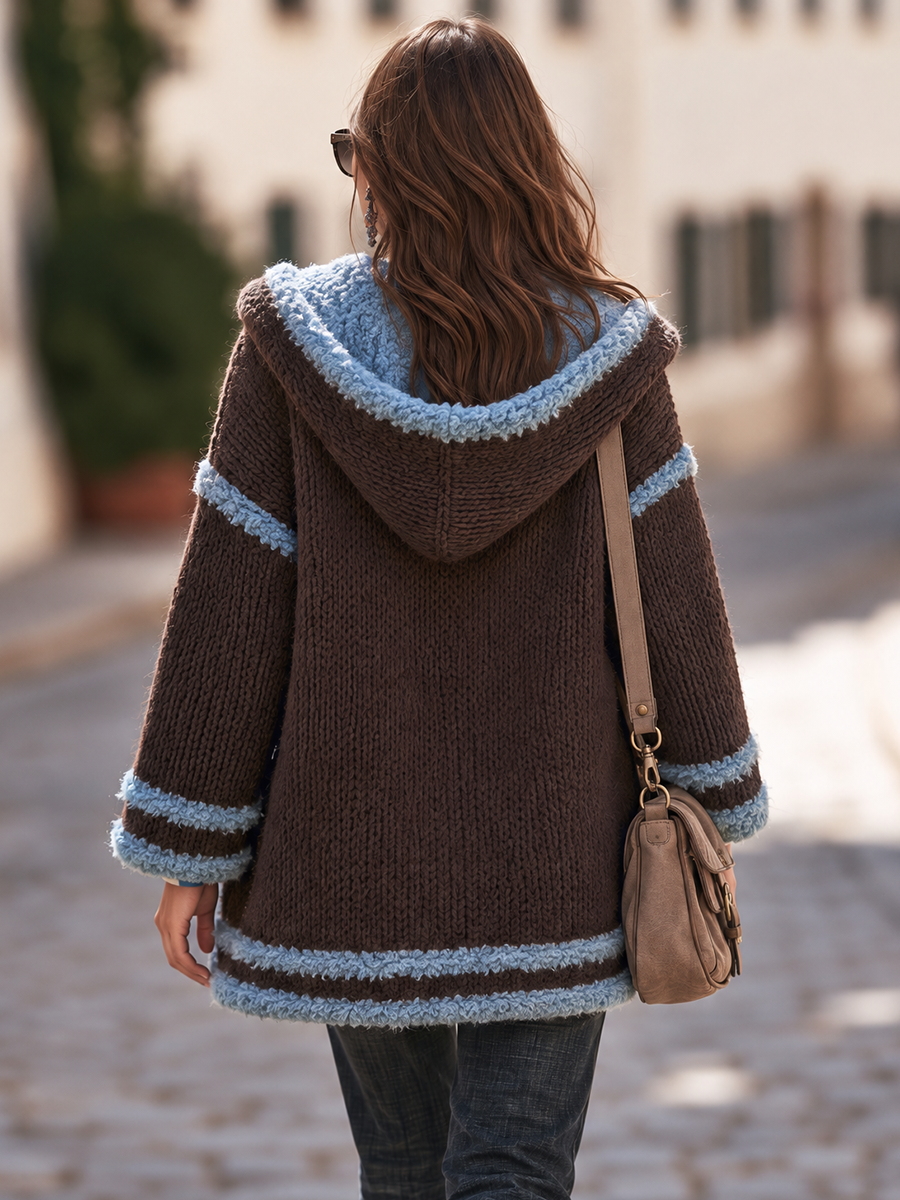 Resort-style Long-sleeved Colorblock Hooded Cardigan