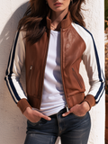 Retro Color-blocked Raglan Sleeve Faux Leather Jacket