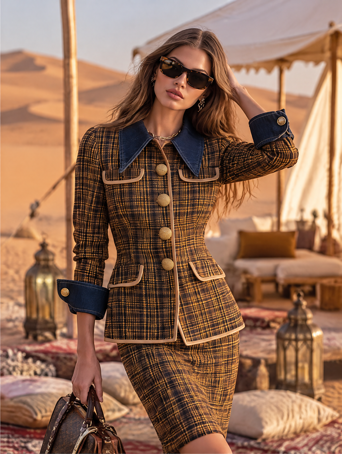 Vacation-style Plaid Long-sleeve Top With A Denim Collar And Matching Skirt Set