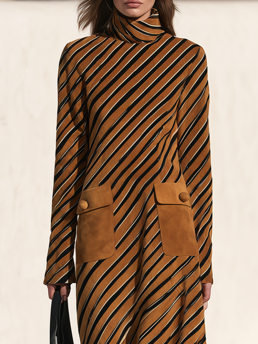 Vintage-Chic Mock-Neck Striped-Print Faux-Suede Maxi Dress