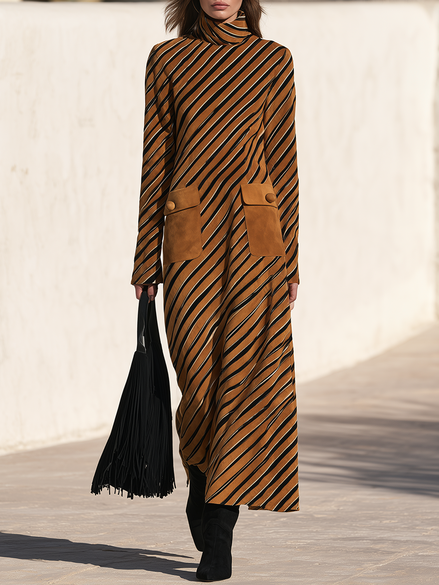 Vintage-Chic Mock-Neck Striped-Print Faux-Suede Maxi Dress