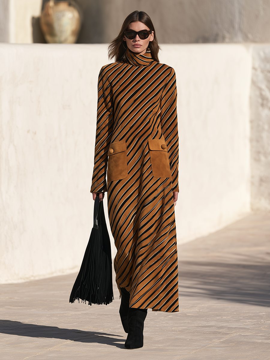 Vintage-Chic Mock-Neck Striped-Print Faux-Suede Maxi Dress