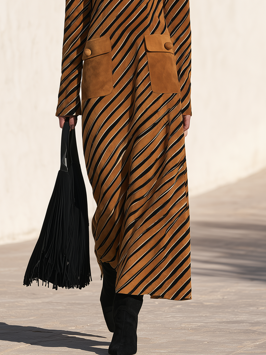 Vintage-Chic Mock-Neck Striped-Print Faux-Suede Maxi Dress