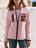 Stylish Casual Faux-Leather Trim Contrast Pockets Pink Polar Fleece Jacket