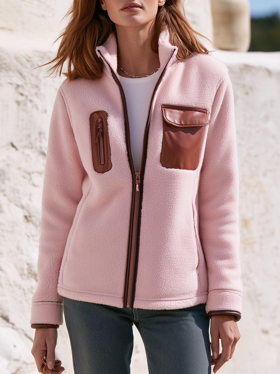 Stylish Casual Faux-Leather Trim Contrast Pockets Pink Polar Fleece Jacket