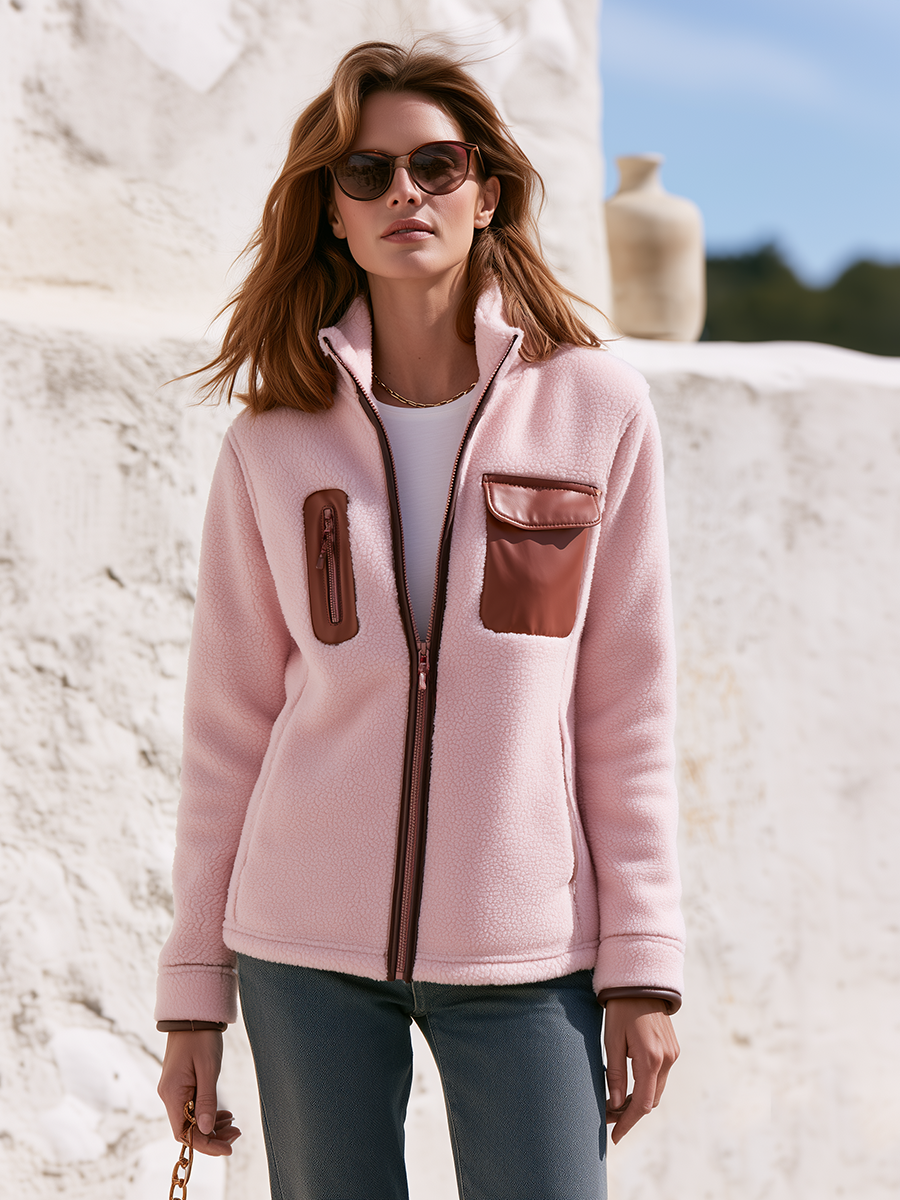Stylish Casual Faux-Leather Trim Contrast Pockets Pink Polar Fleece Jacket