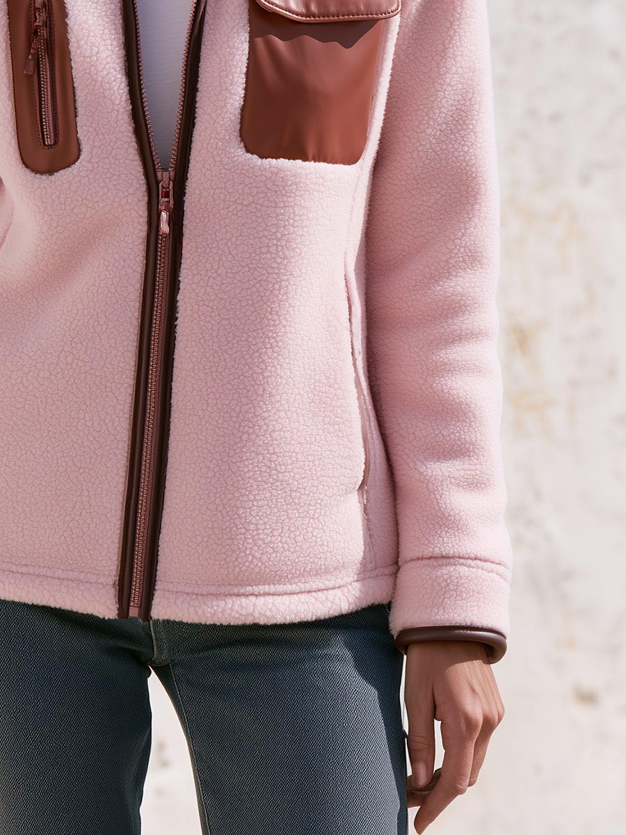 Stylish Casual Faux-Leather Trim Contrast Pockets Pink Polar Fleece Jacket
