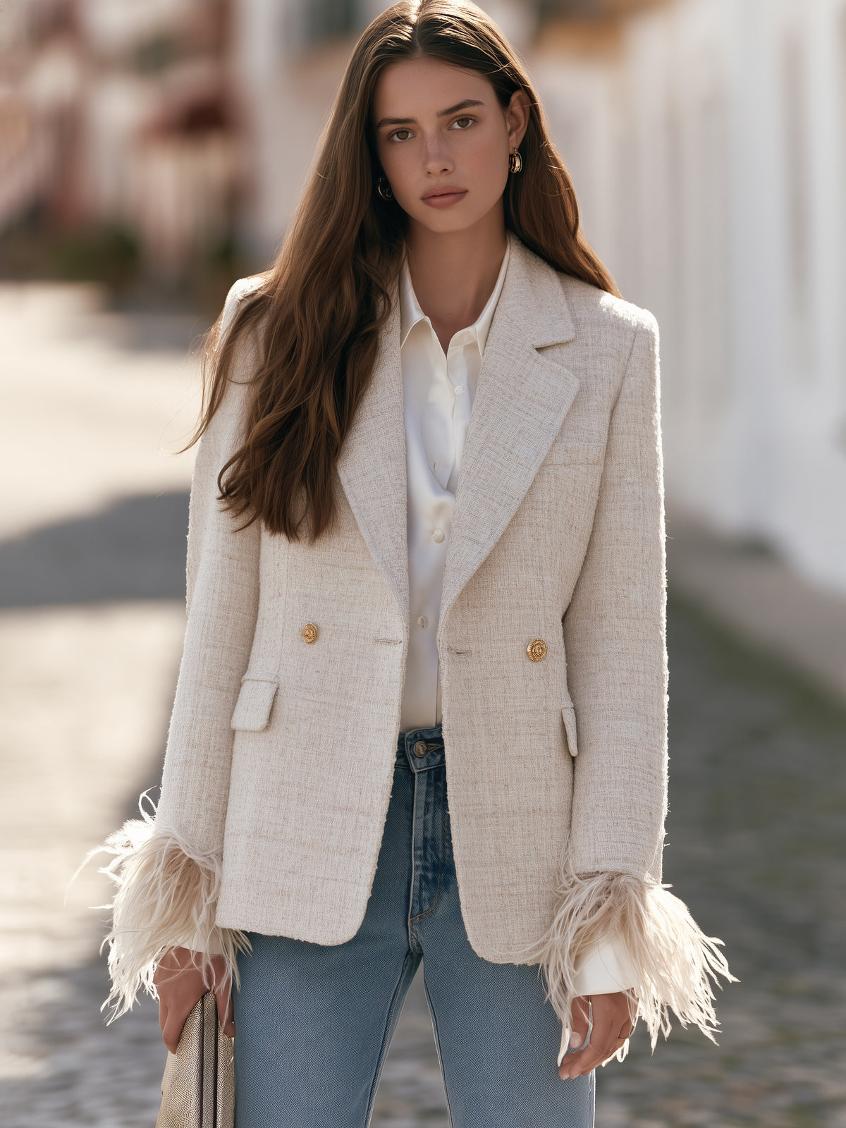 Old Money Oat Tweed Detachable Feather Cuff Blazer