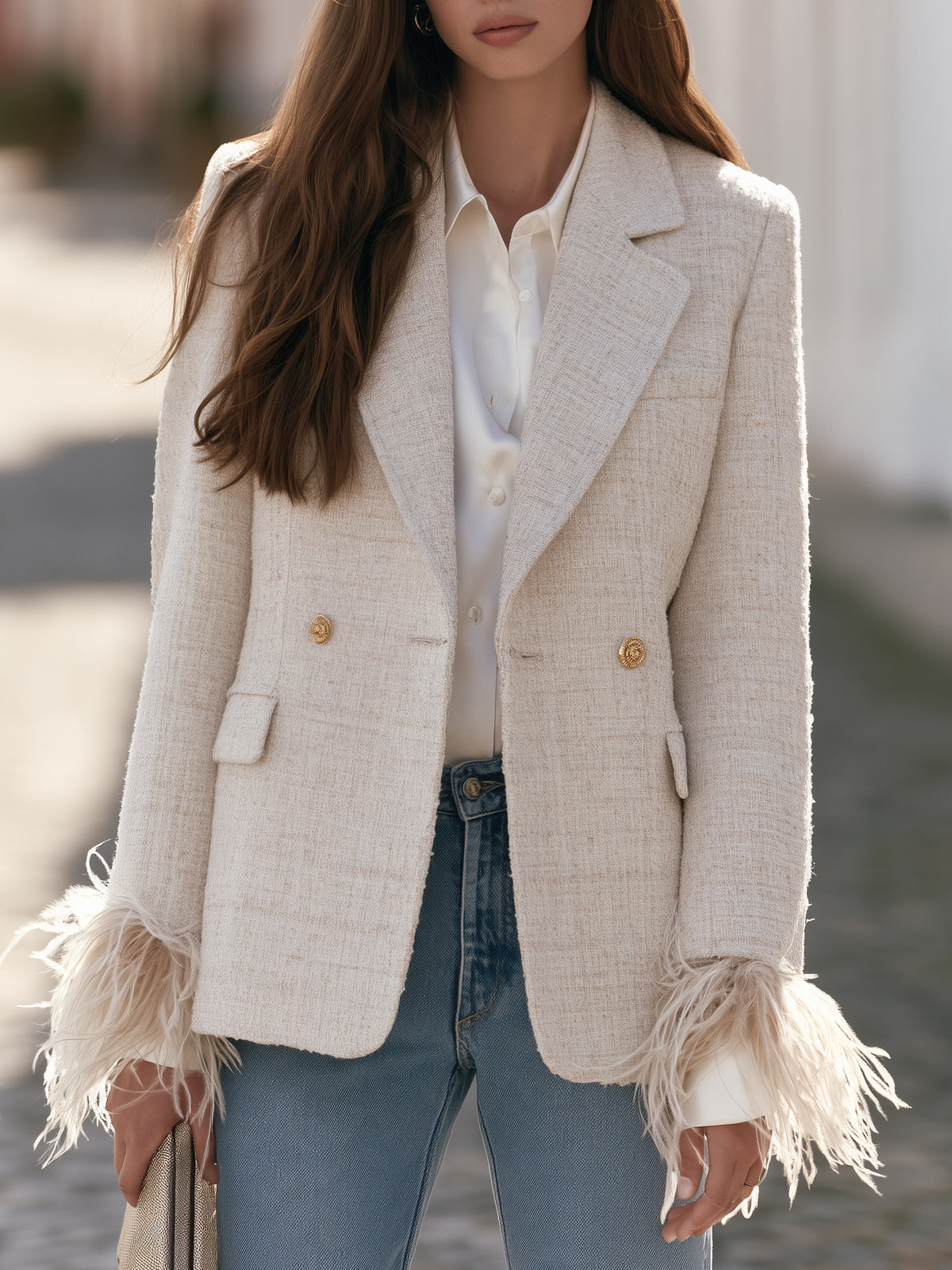 Old Money Oat Tweed Detachable Feather Cuff Blazer