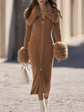 Vintage Retro Camel Fixed Curly Fur Trim Knit Midi Dress