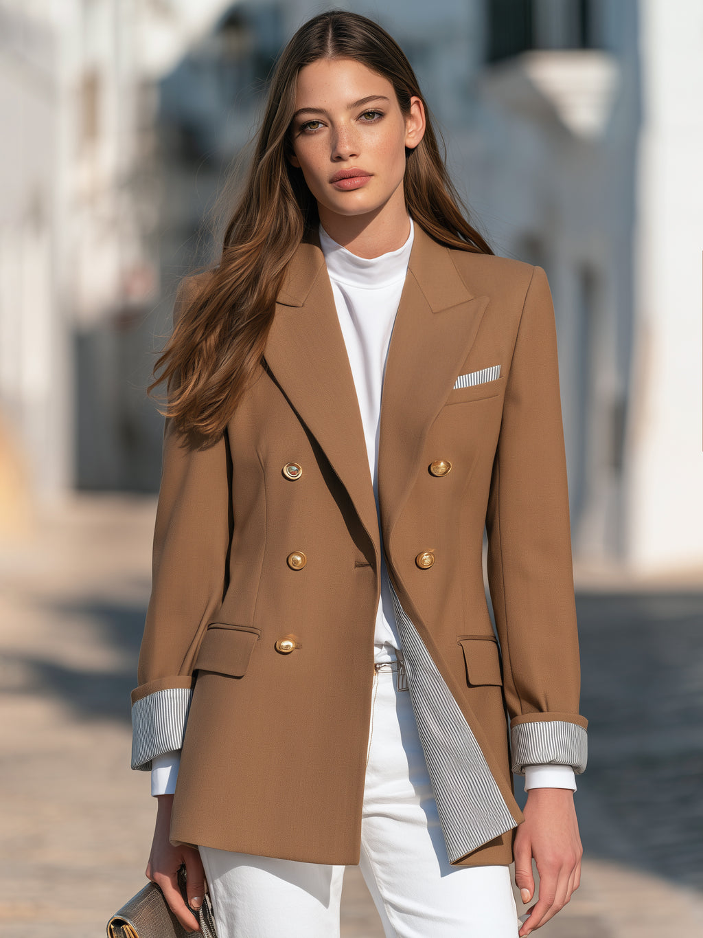 Old Money Caramel Brown Striped Lining Double Breasted Blazer
